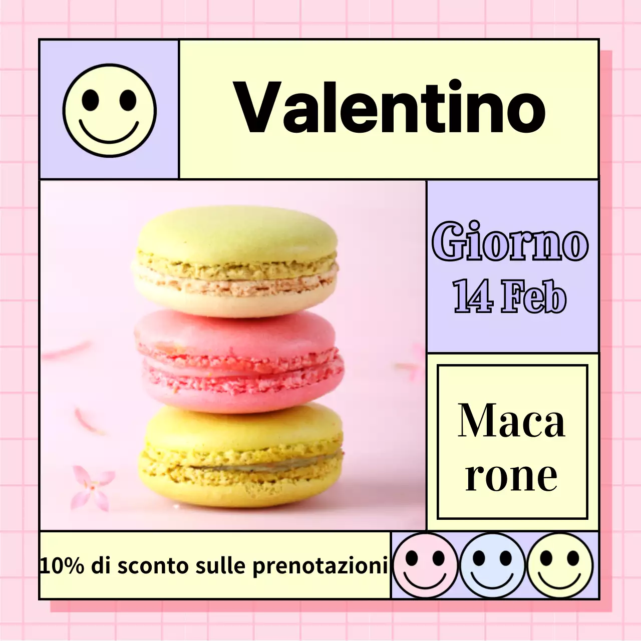 Sconto macaron di San Valentino con sorriso rosa vivo concetto di tavolo irregolare