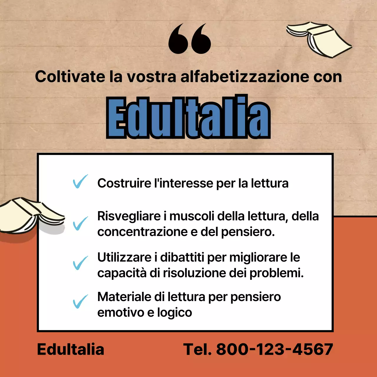 Accademia di formazione all'alfabetizzazione con simpatiche illustrazioni in rosso e nero