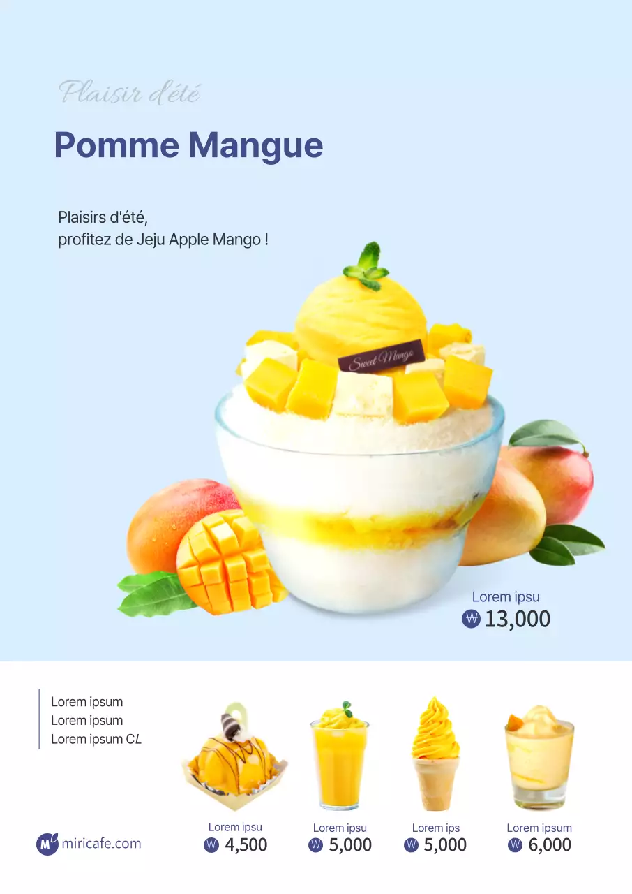Affiche promotionnelle simple de menu saisonnier estival pomme-mangue en bleu clair