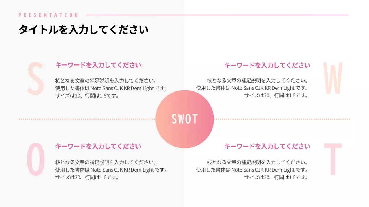 ピンクのグラデーションのSWOT4分割レイアウト