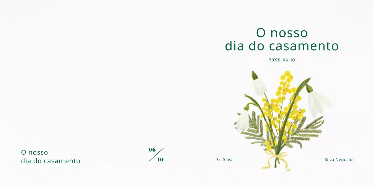 Convite de casamento simples e sentimental com lírios brancos e ilustração de flores amarelas