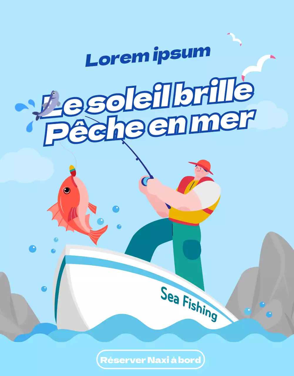 Annonce pour un voyage de pêche dans les eaux bleues du monde