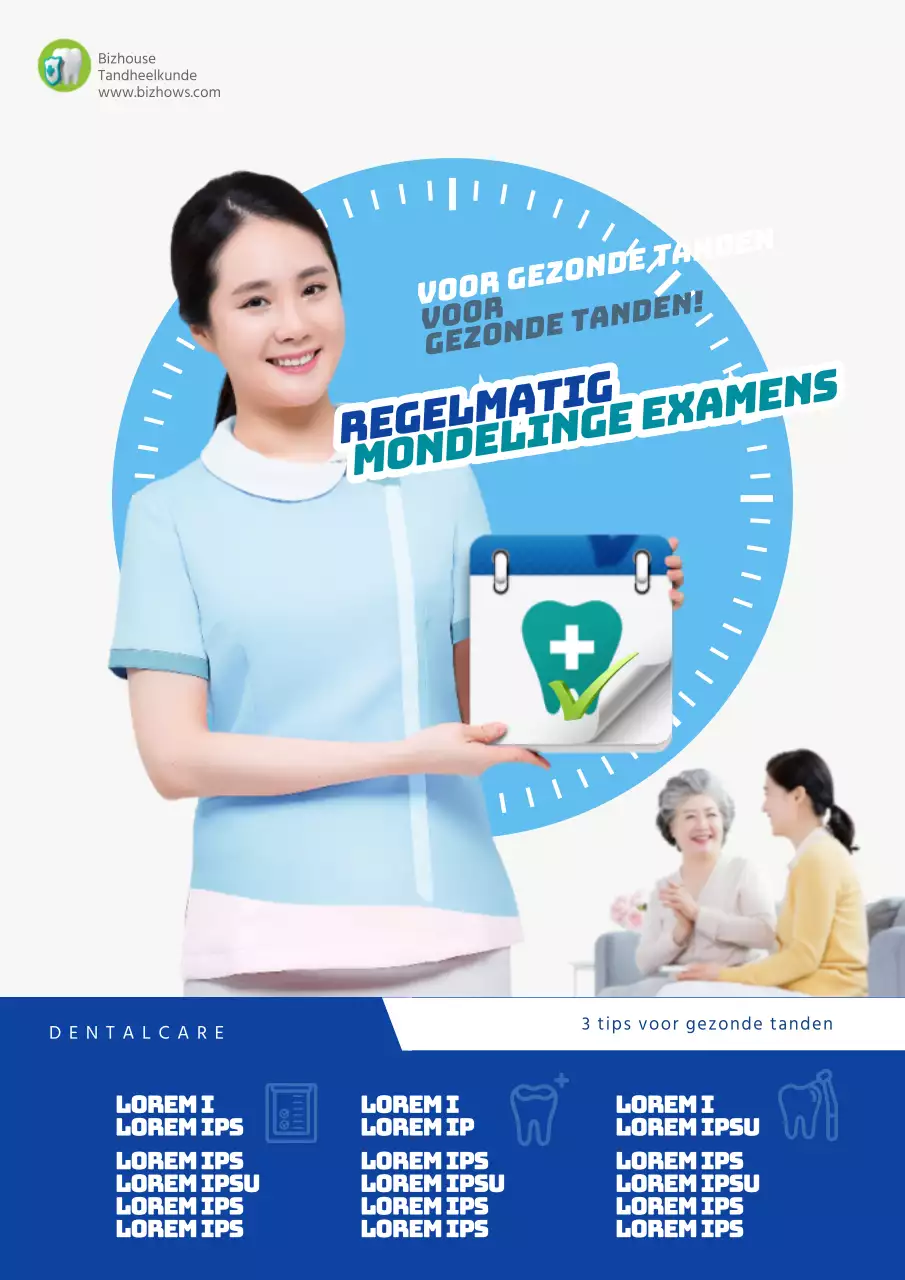 Promoot routine tandartscontroles met een mooie foto van een vriendelijke verpleegster in het blauw.