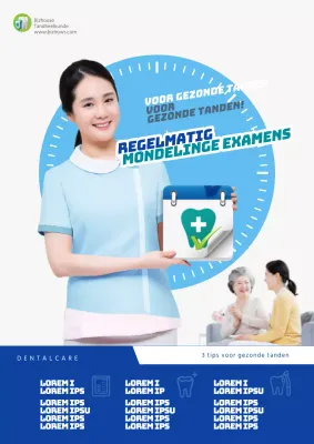 Promoot routine tandartscontroles met een mooie foto van een vriendelijke verpleegster in het blauw.