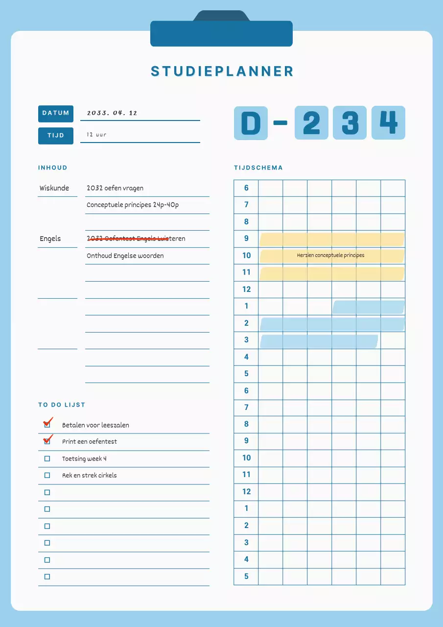 Blauwe schone en eenvoudige studieplanner doc sjabloon