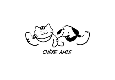Design avec une illustration au trait d'un chat et d'un chien mignons se disant bonjour en noir