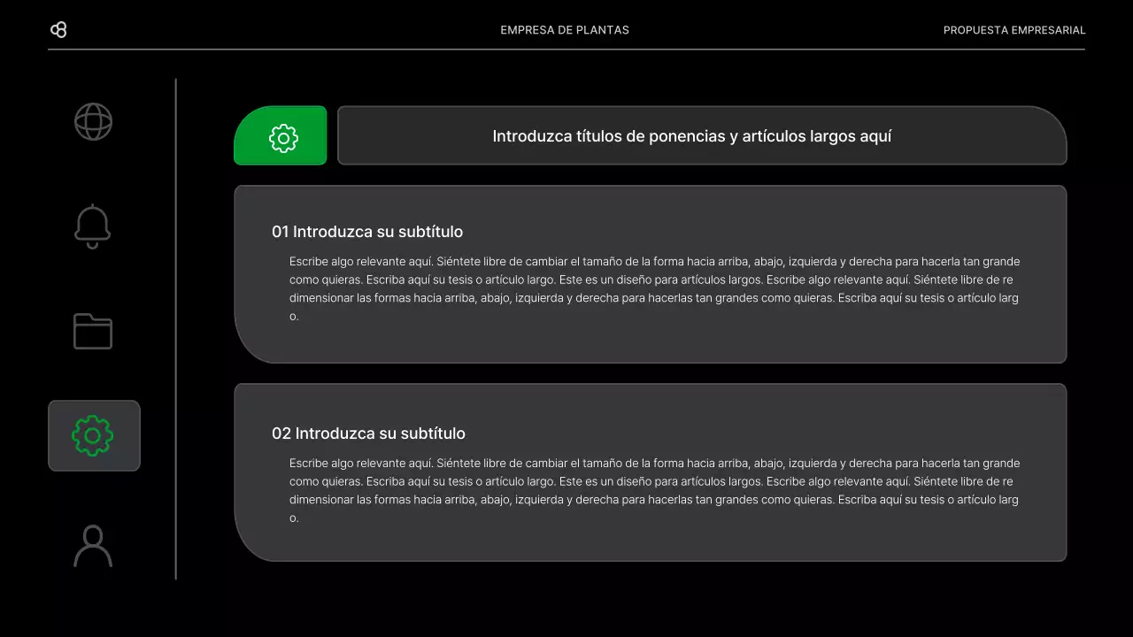Propuesta de negocio para una empresa con un concepto de hoja natural verde y negro