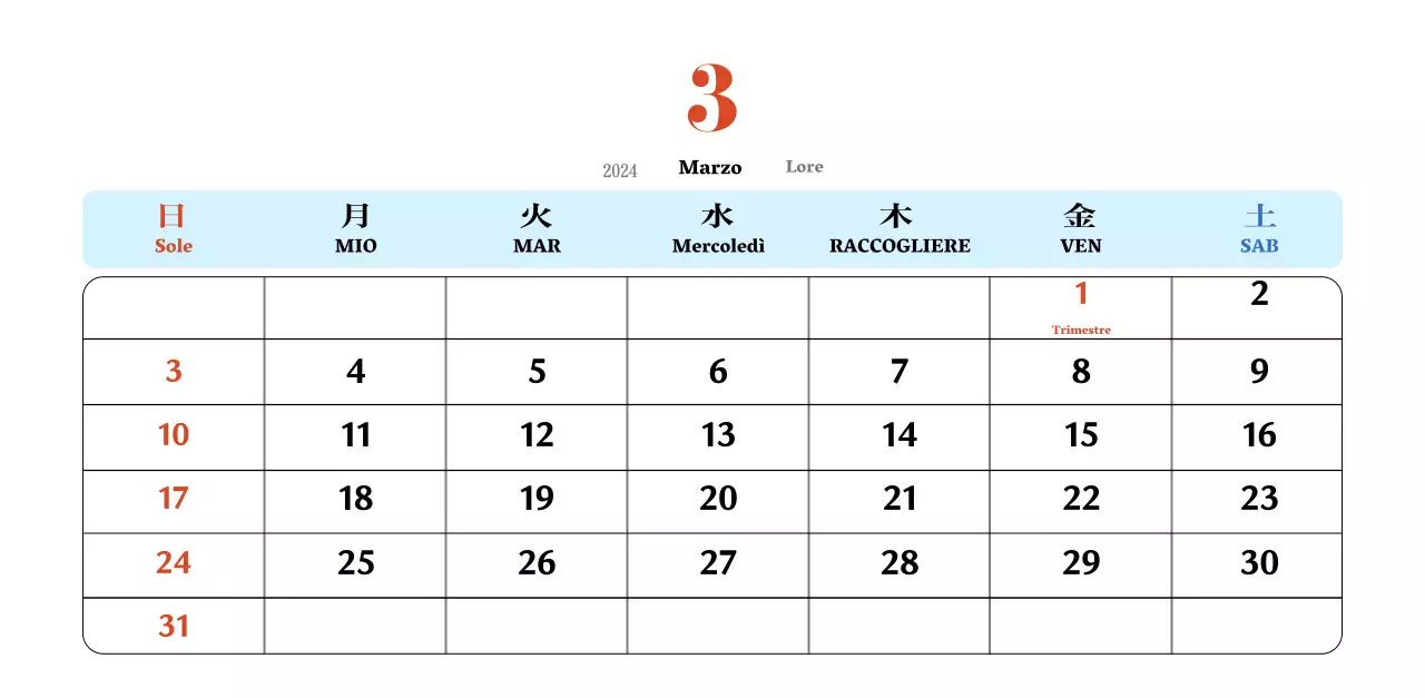 Calendario nostalgico di concezione retrò in rosso e blu