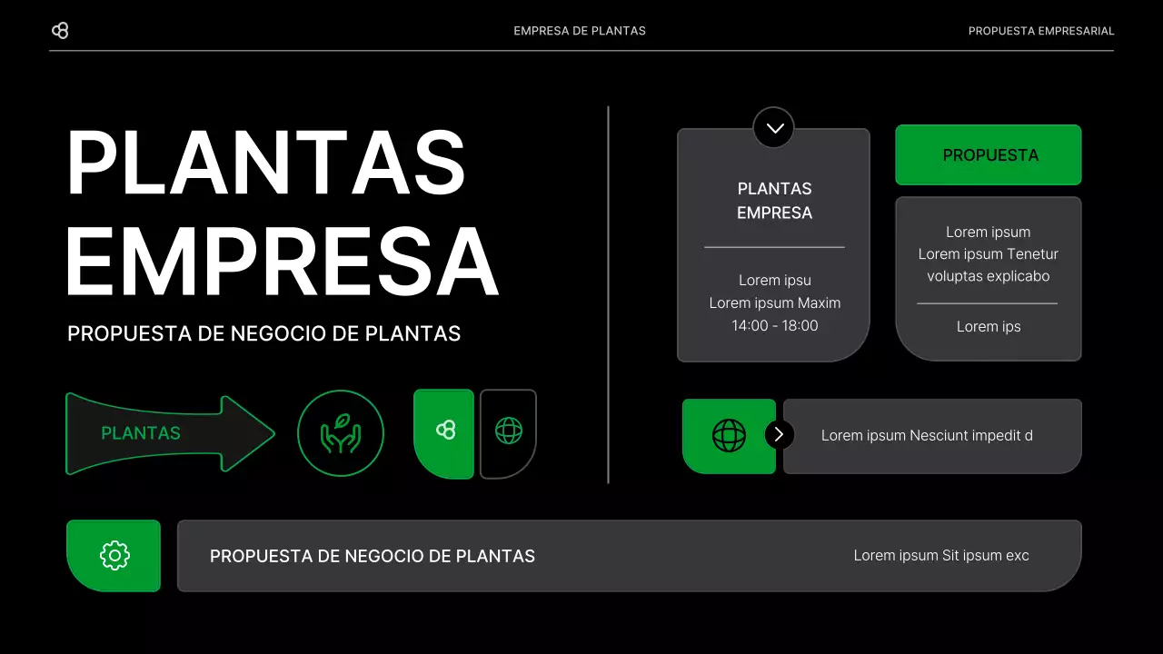 Propuesta de negocio para una empresa con un concepto de hoja natural verde y negro