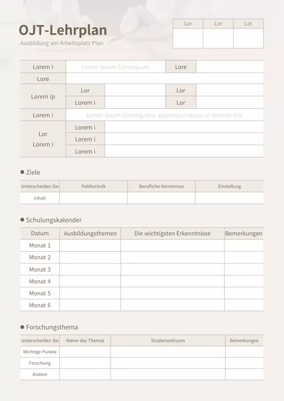 beige OJT-Ausbildungsplan Ausbildungsplan für neue Mitarbeiter Ausbildungsleitfaden für Unternehmen Dokumentvorlage