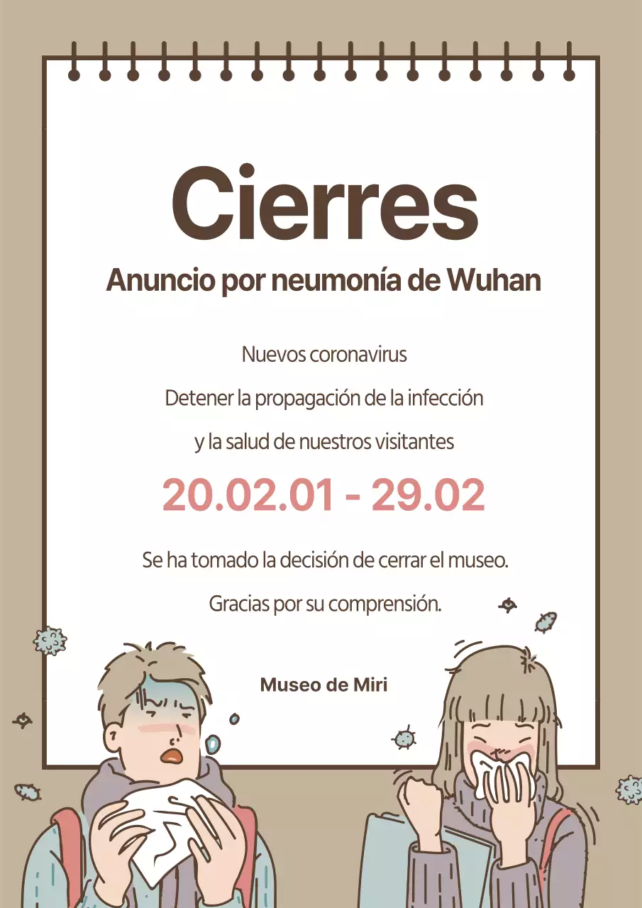 Un simpático folleto beige anuncia el cierre del museo para evitar la propagación del virus