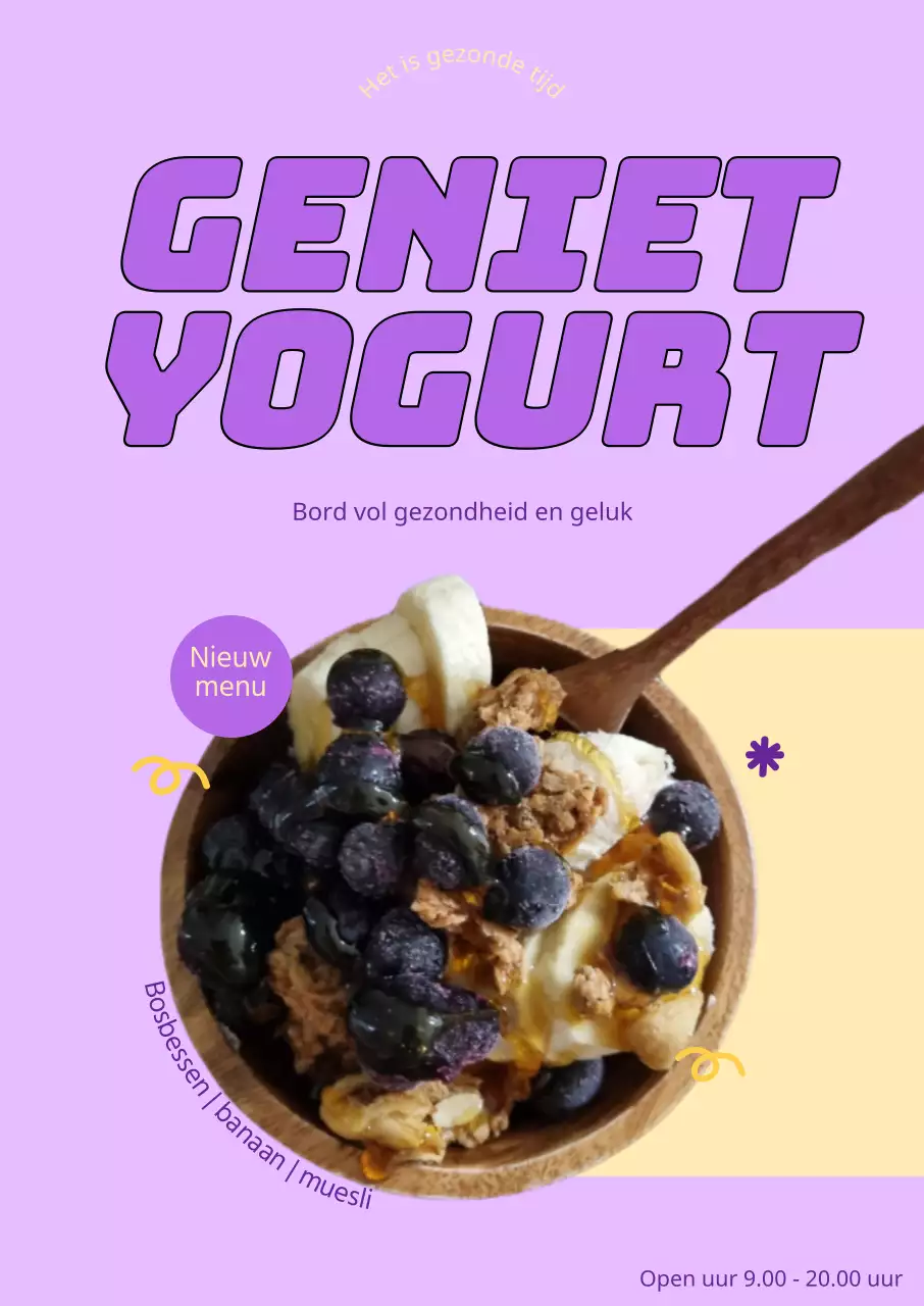 Poster met een dynamische titel in een paarse en gele kleurencombinatie