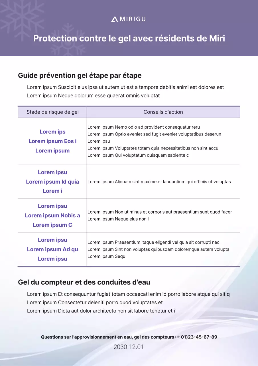 Format d'un document d'avis de prévention du gel de couleur violette