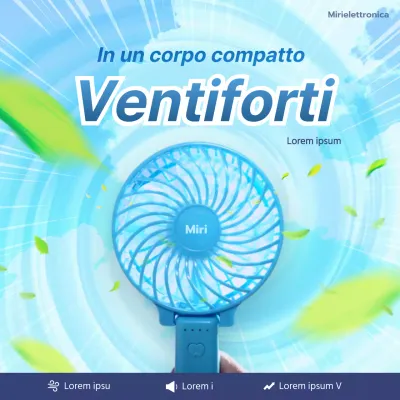 Pubblicità di un ventaglio a mano con venti potenti, dai toni blu, per un tifone.