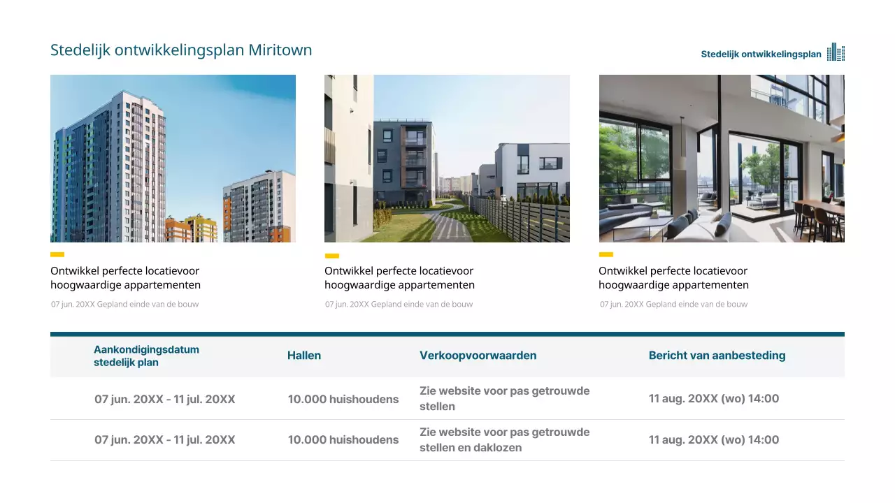 Thema vastgoedbouw stedelijke ontwikkeling in blauw en geel (presentatie)