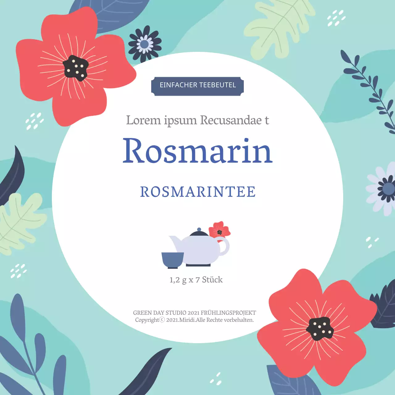 Blaue Illustration saubere Lebensmittel Rosmarin Tee Etikett