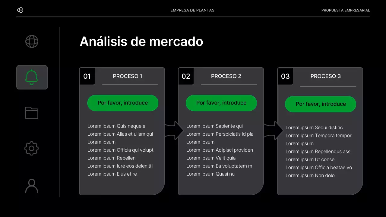 Propuesta de negocio para una empresa con un concepto de hoja natural verde y negro