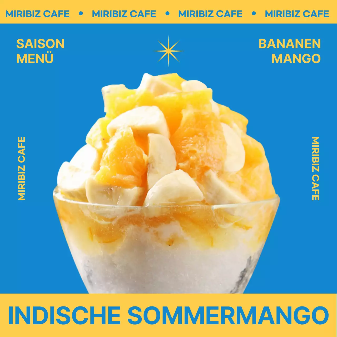 Einführung des Sommermenüs mit Mango-Rasiereis in Blau und Gelb