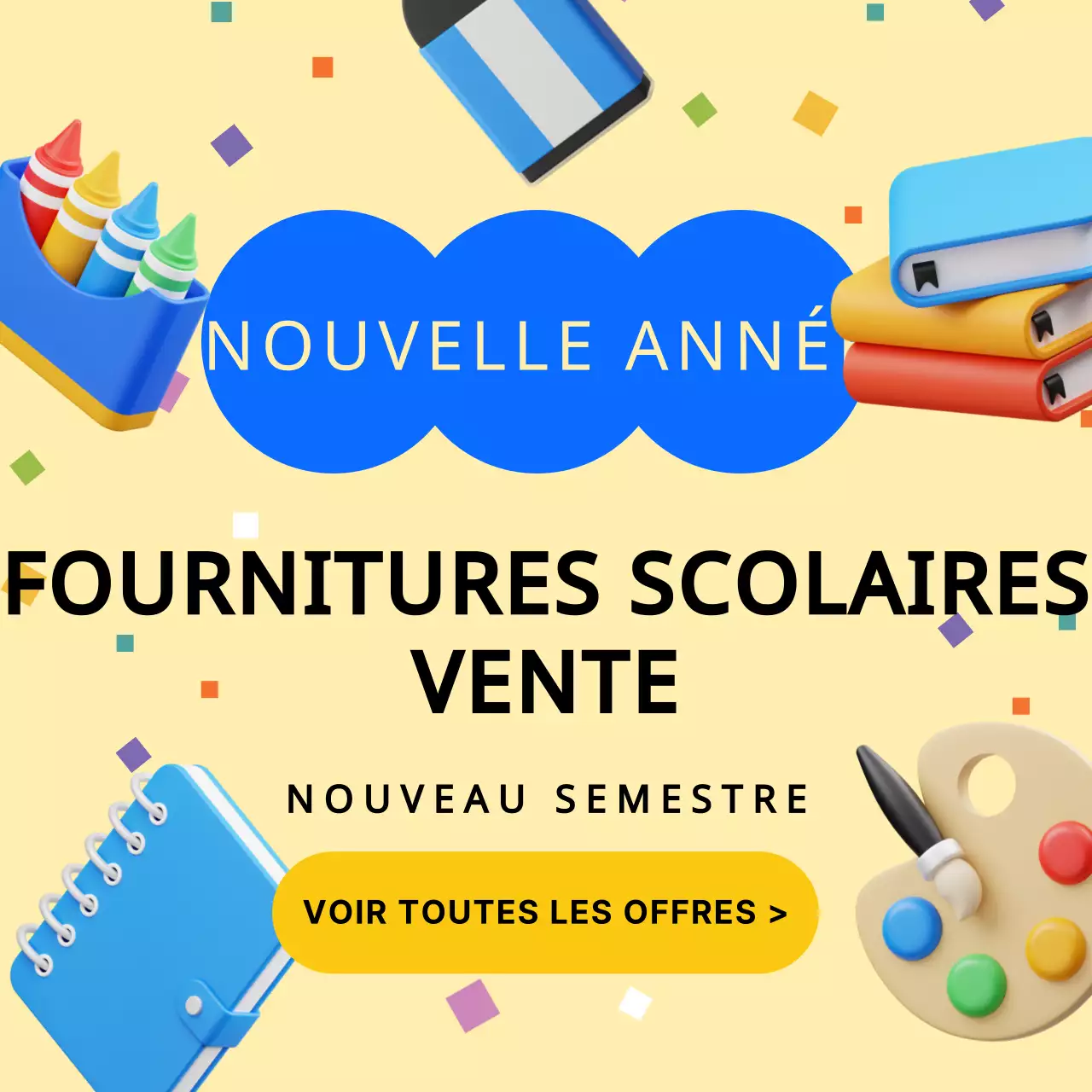 Exposition de nouvelles fournitures scolaires jaunes et bleues en 3D tridimensionnel