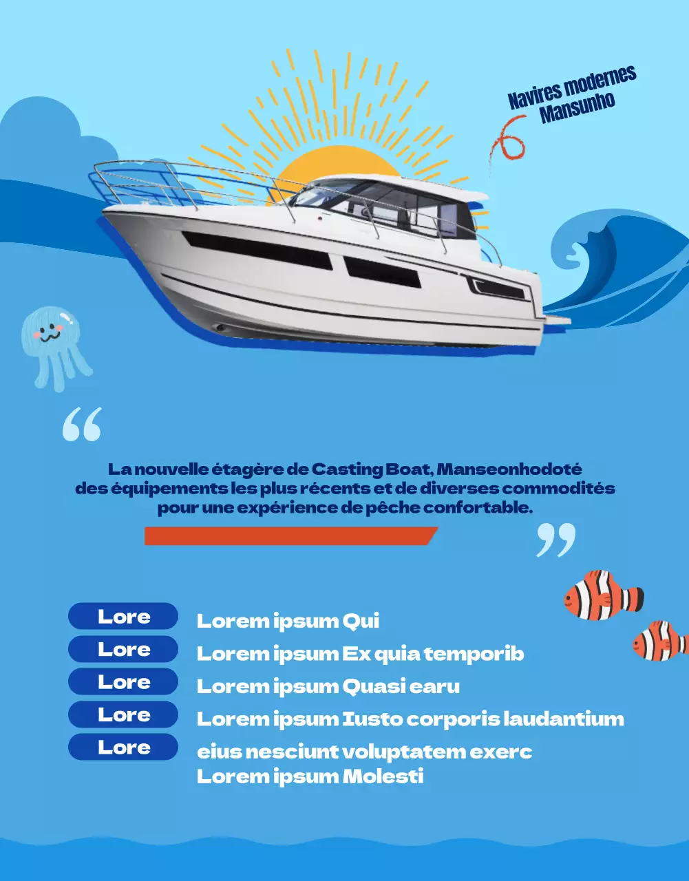 Annonce pour un voyage de pêche dans les eaux bleues du monde