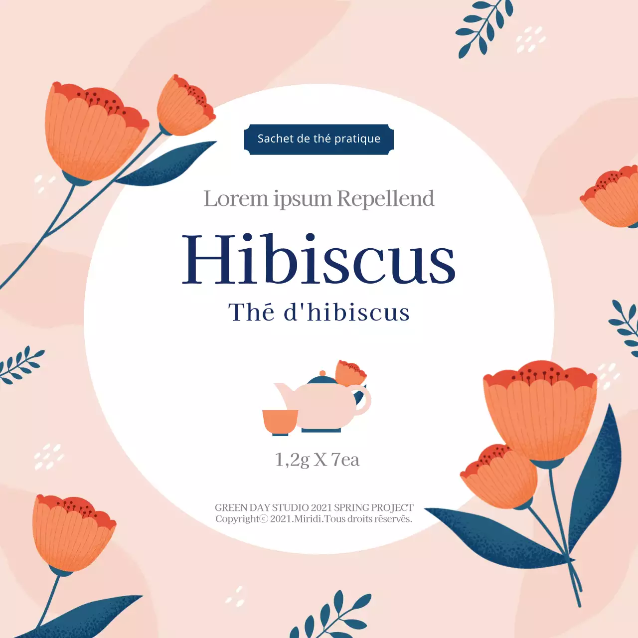 Illustration rose d'une étiquette de thé à l'hibiscus pour l'alimentation