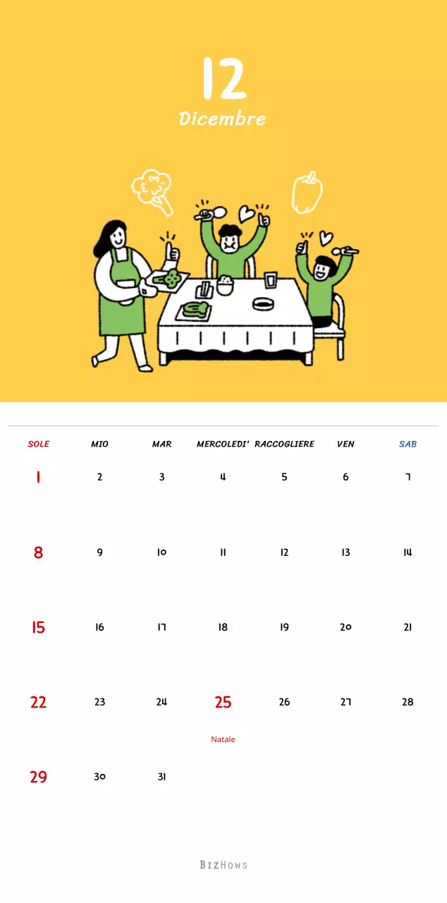Calendario di Capodanno con simpatiche illustrazioni