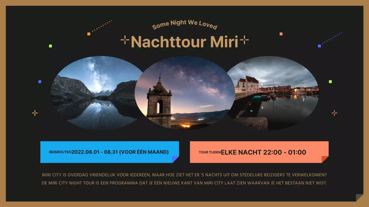 Een schattige zwarte en kleurrijke nachtelijke reisgids