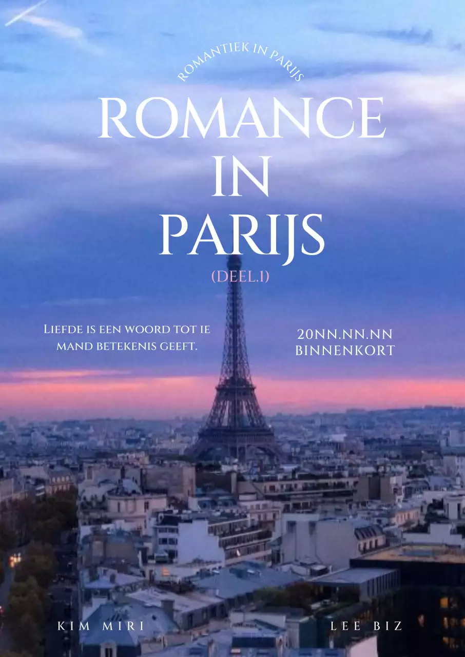 Promotieposter van een film met een lijst letters tegen een achtergrond van de Eiffeltoren in Parijs bij zonsondergang.