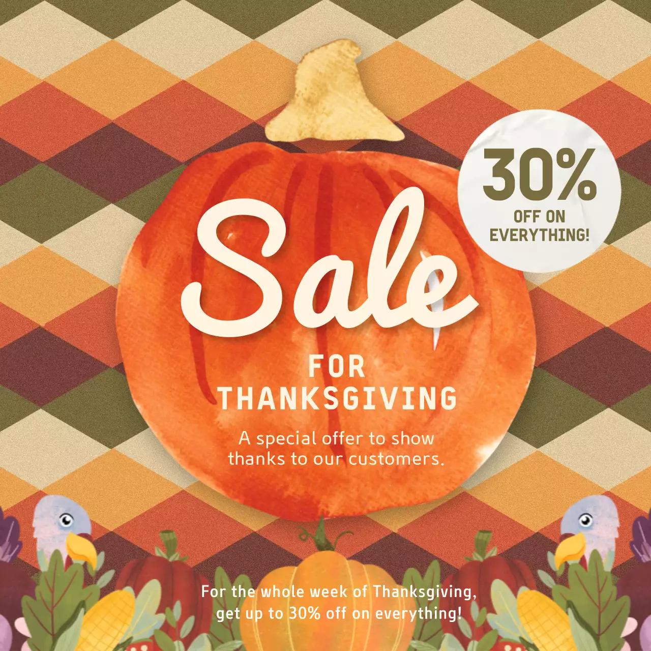 오렌지 및 카키색 기하학적 추수감사절 세일 프로모션