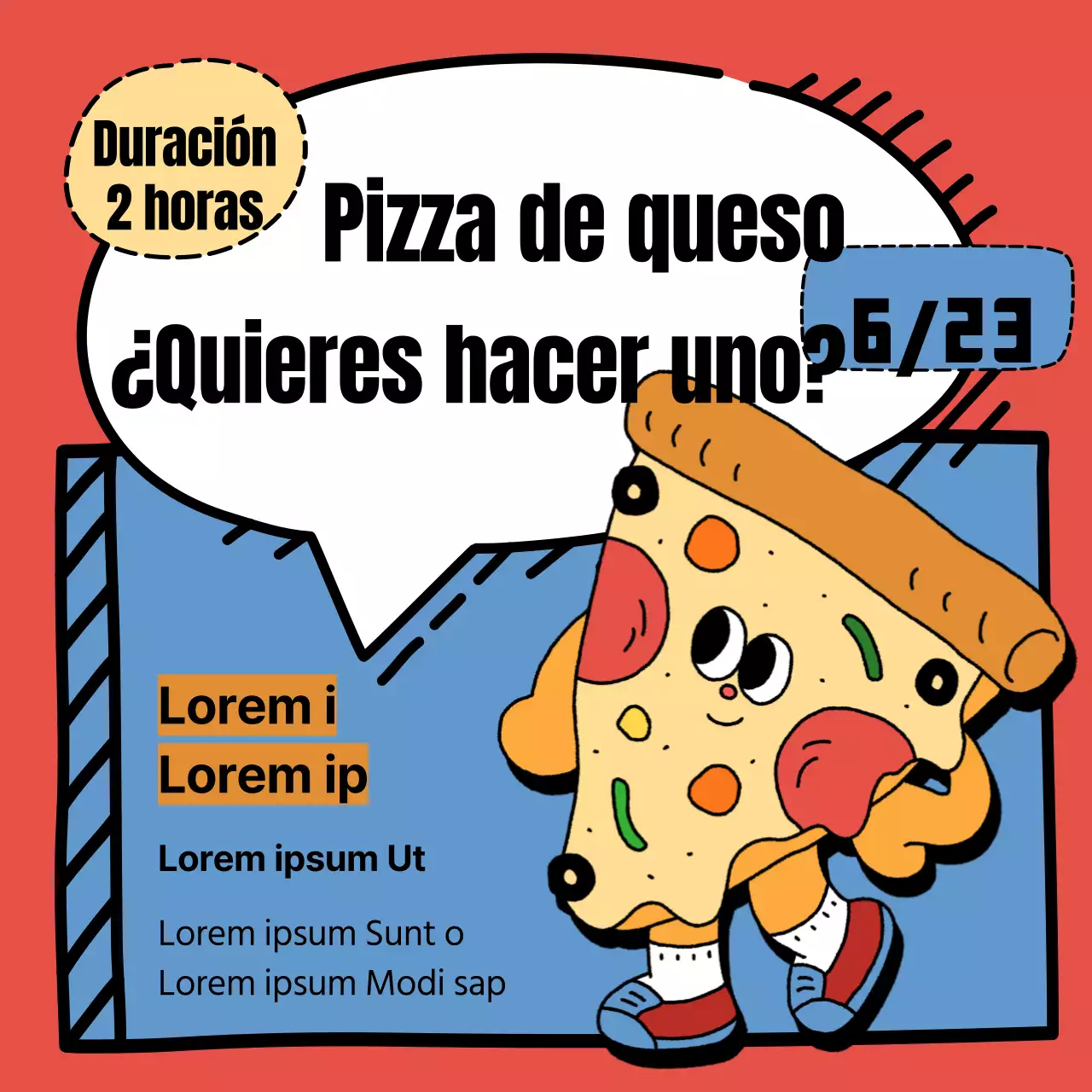 Promociona la experiencia de la pizza con simpáticos personajes de color azul claro y rosa