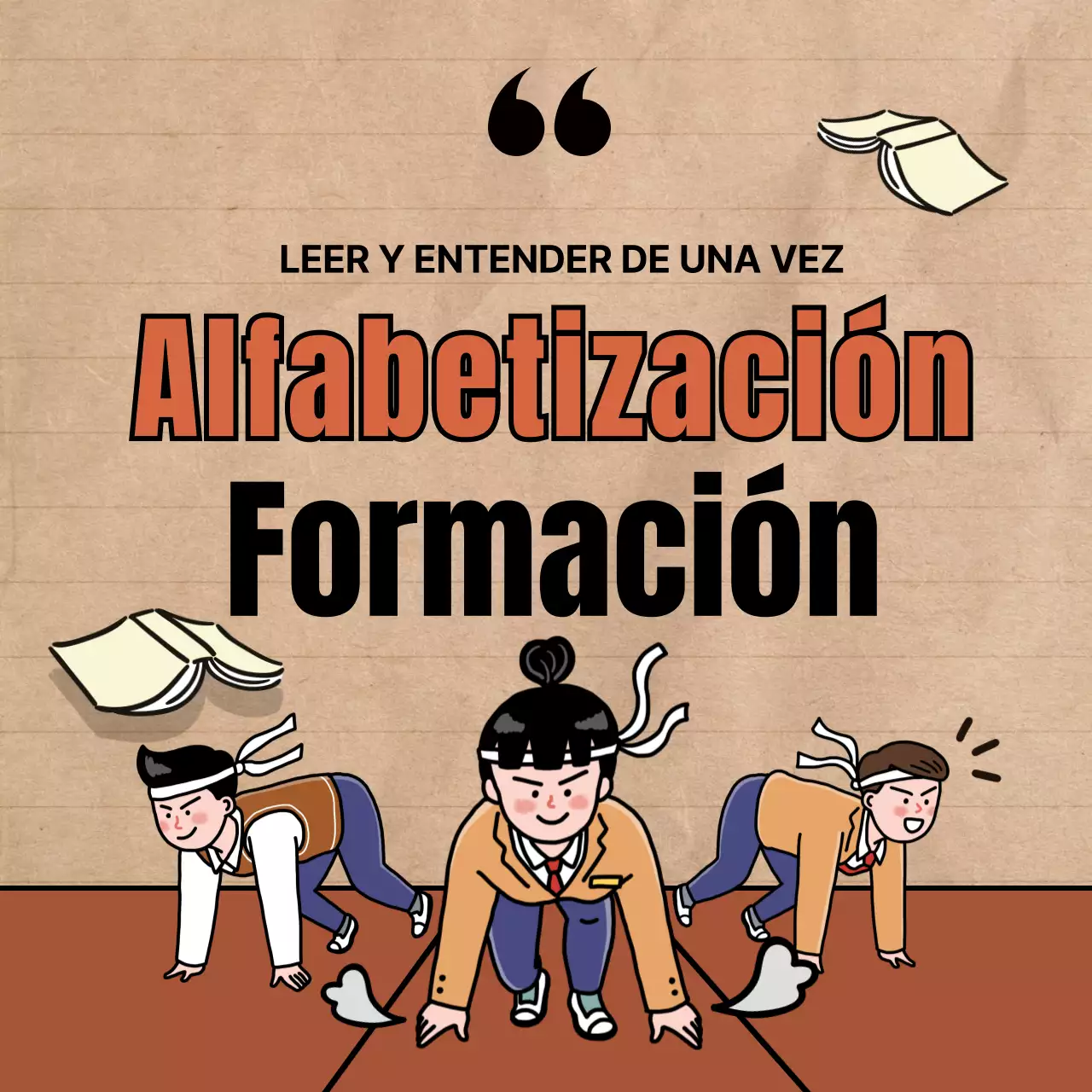 Academia de alfabetización con simpáticas ilustraciones en rojo y negro