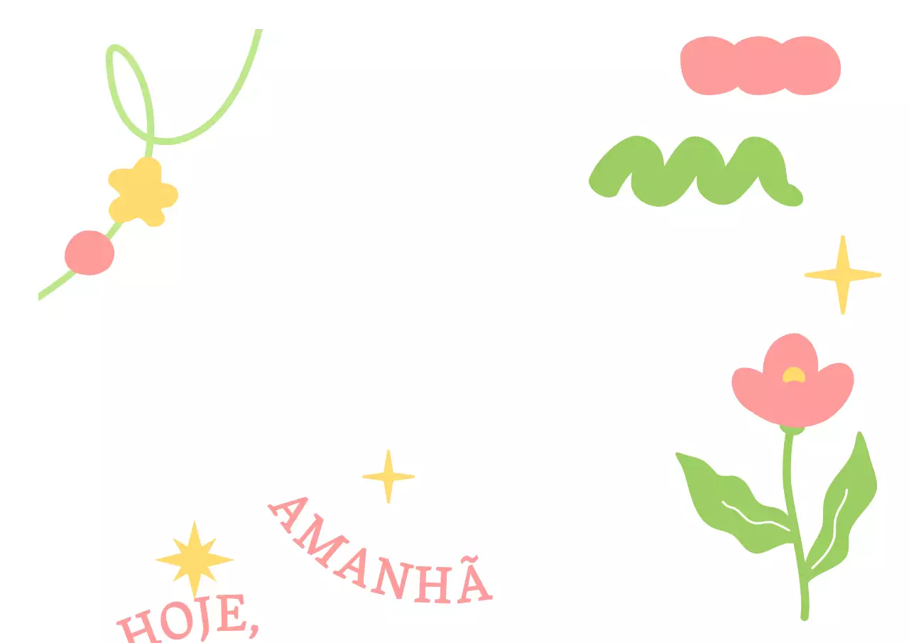 Promover um café com formas simples e ilustrações florais em cor-de-rosa, verde e amarelo
