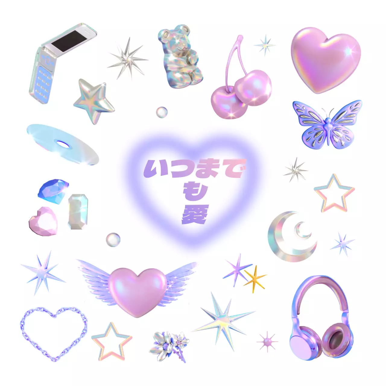 ピンクとパープルのきらびやかな3D Y2Kコンセプトの可愛らしい要素