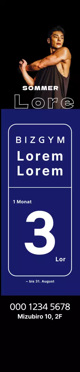 Windbanner für Sommerveranstaltungen mit blauen Quadraten und einem sportlichen Mann auf schwarzem Hintergrund