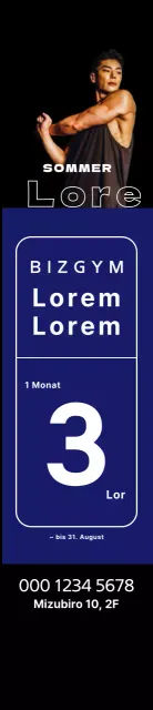 Windbanner für Sommerveranstaltungen mit blauen Quadraten und einem sportlichen Mann auf schwarzem Hintergrund