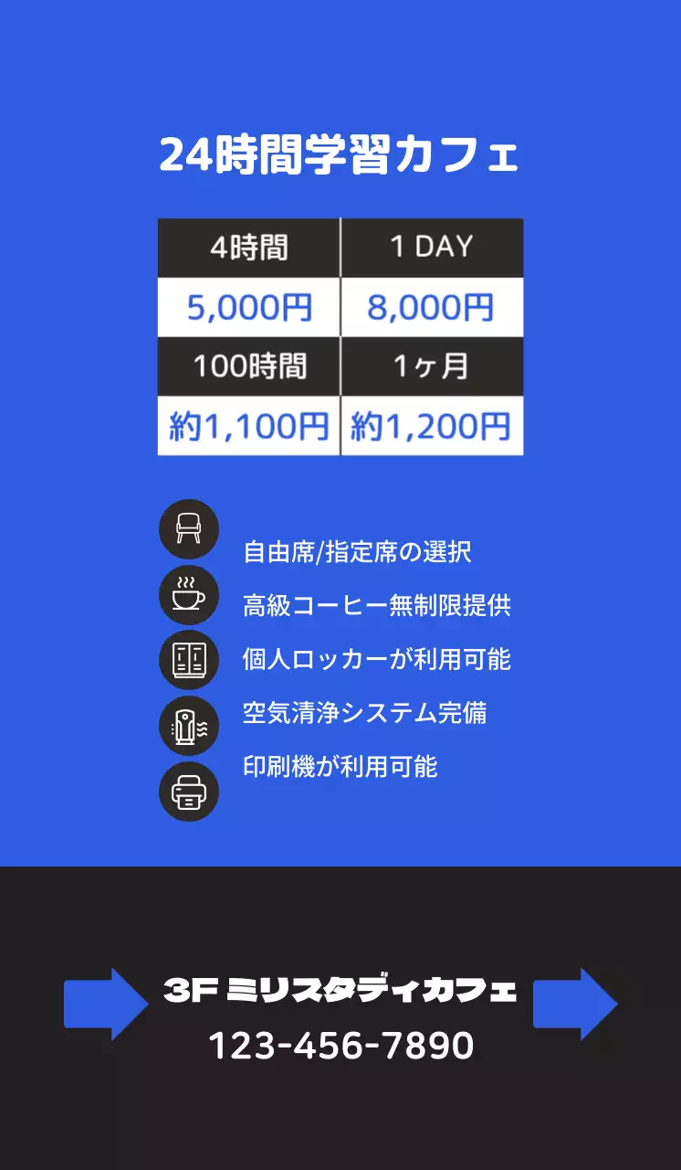 青色の背景に勉強しているイラストがある、すっきりとした勉強カフェの宣伝。