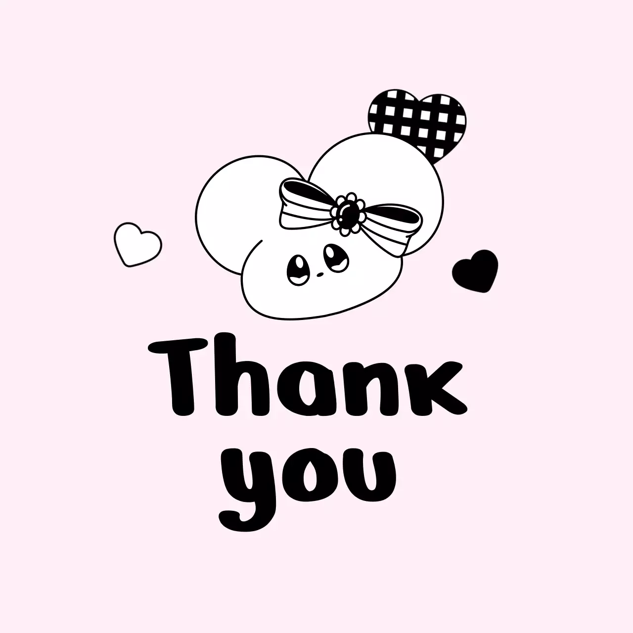 ピンクと黒のかわいいネズミのキャラクターが感謝の気持ちを伝えるグッズ。