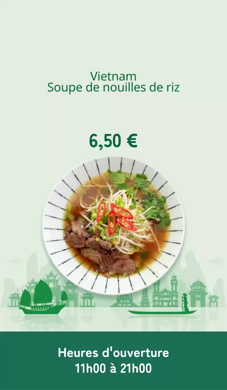 Promouvoir un menu propre avec une image de nouilles de riz dans une couleur verte.