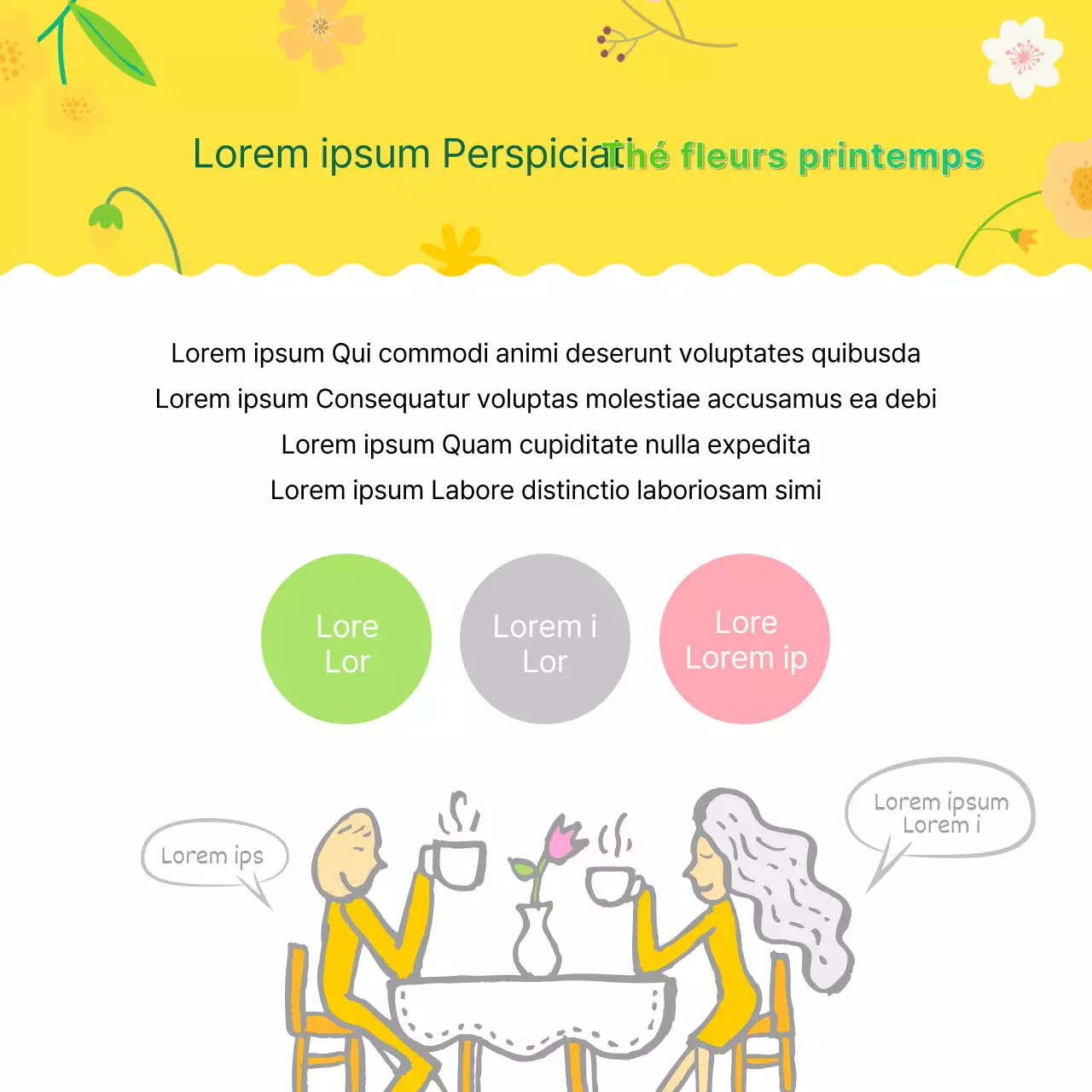 Des illustrations fraîches et jaunes fournissent des informations sur les thés de fleurs printaniers.