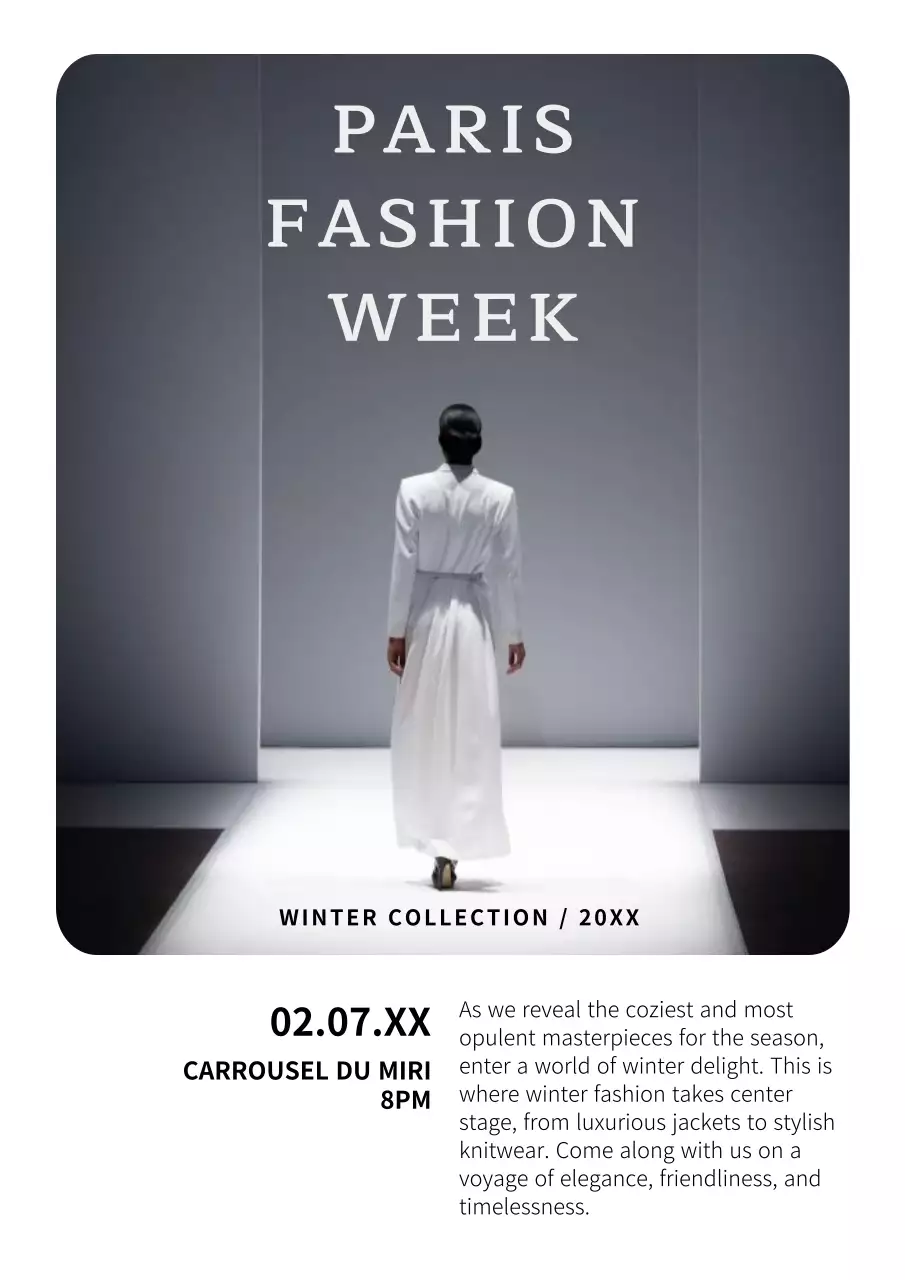 Modern catwalk event ad in white and black
