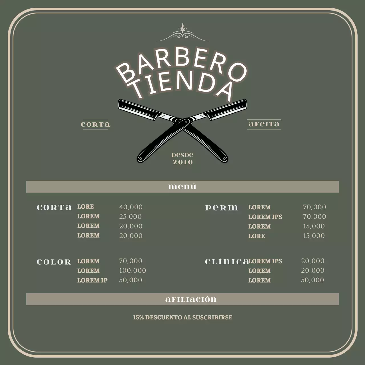 Soporte acrílico para tablero de menú de barbería verde de estilo vintage