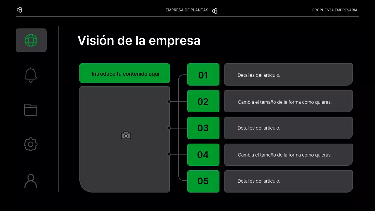 Propuesta de negocio para una empresa con un concepto de hoja natural verde y negro