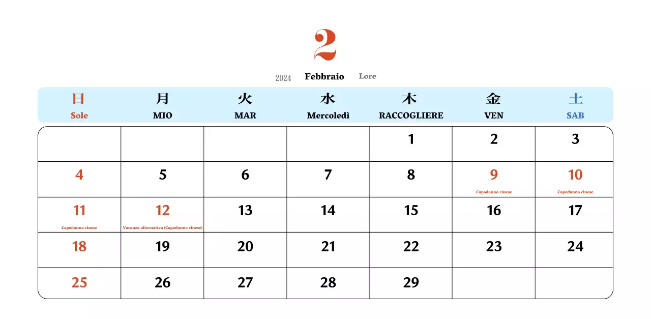 Calendario nostalgico di concezione retrò in rosso e blu