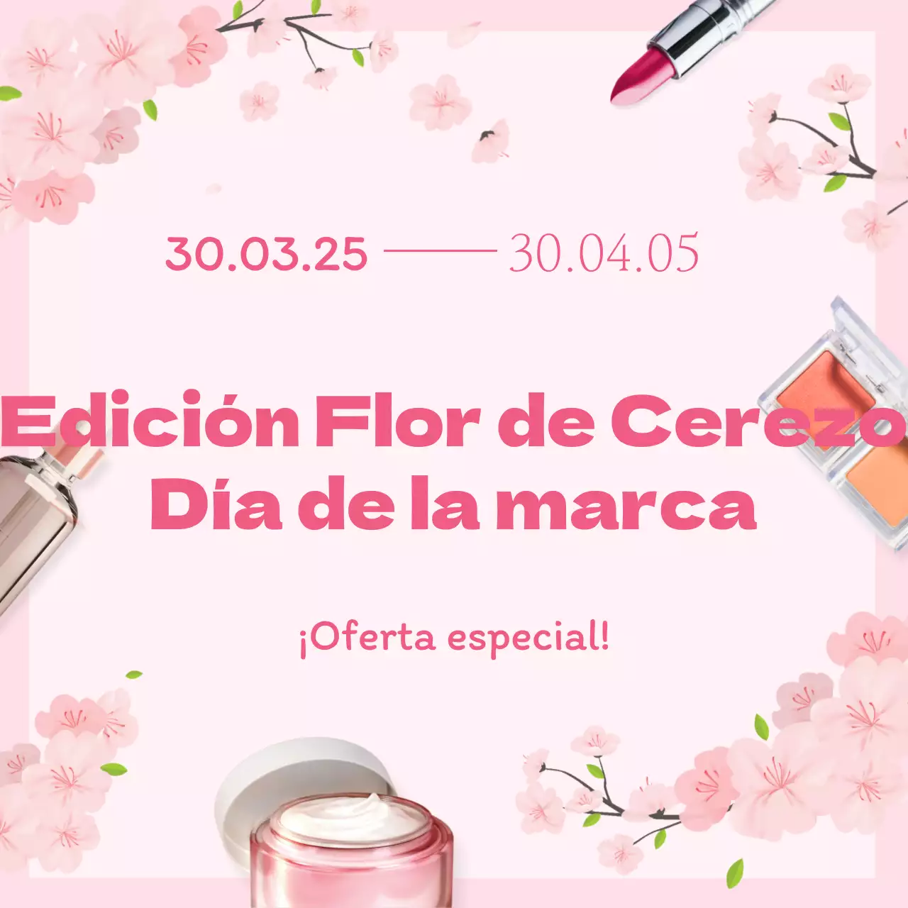 Cosméticos Cherry Blossom Edition Brand Day con un relajante concepto de ilustración de cerezos en flor de color rosa
