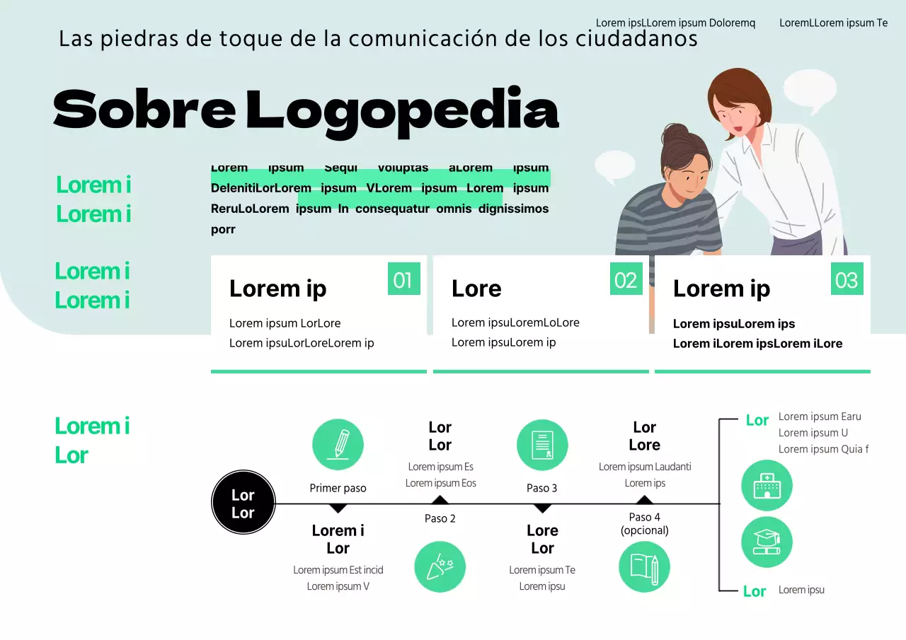 Sencilla infografía del departamento de logopedia de color verde lima y menta con explicación