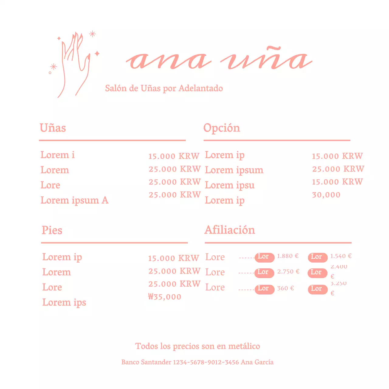 Tablero de menú para salón de manicura sencillo rosa Soporte acrílico para salón de manicura