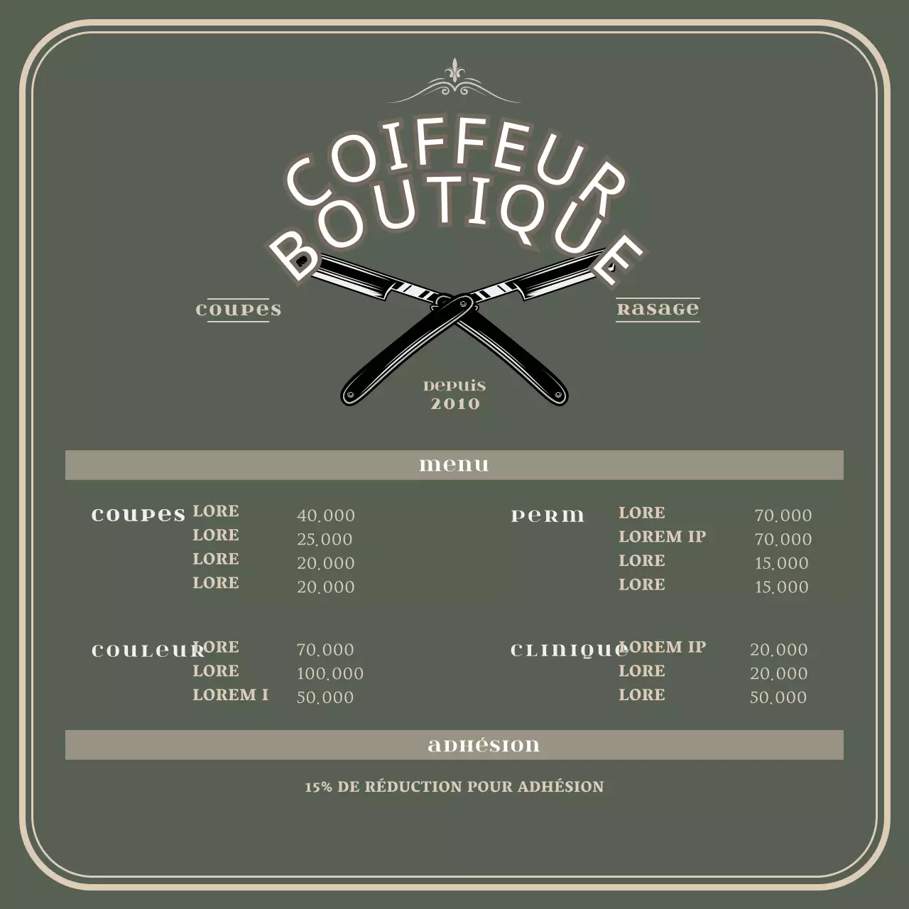 Support en acrylique pour un panneau de menu de barbier vert de style vintage