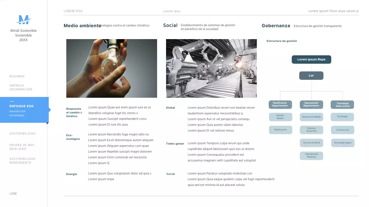 Presentación ppt del informe corporativo de sostenibilidad ESG en azul claro