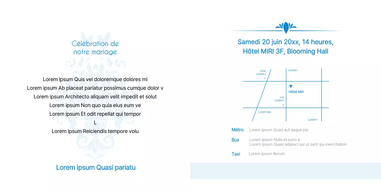 Invitation de mariage baroque en bleu