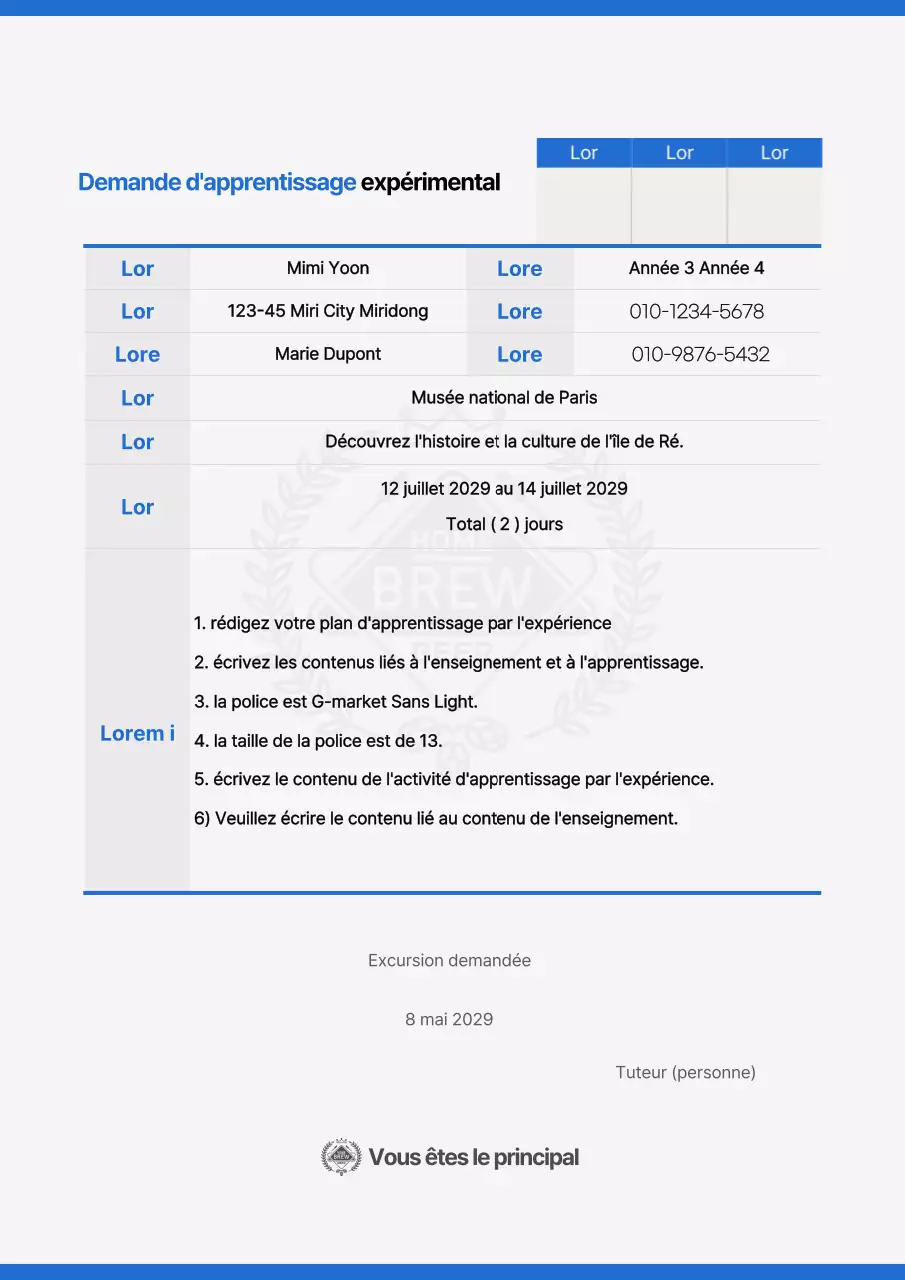 Formulaire de demande d'apprentissage par l'expérience simple, bleu et blanc
